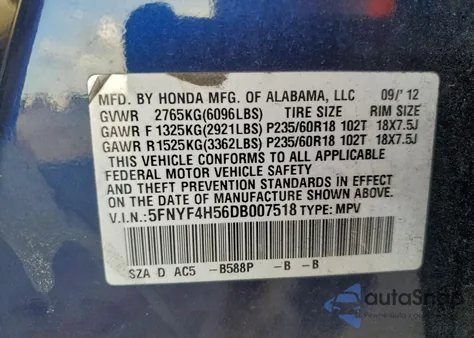 2013 Honda Pilot Exl z USA, uszkodzony, nr VIN 5FNYF4H56DB007518